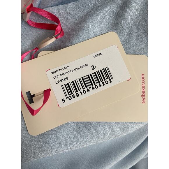 NWT Ted Baker Dress One Shoulder Baby Blue Peplum Sheath Chain Belt Midi 2 S 4 6 - Picture 8 of 10